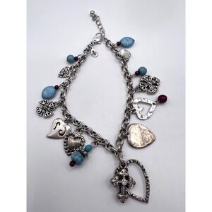 Premier Designs Silver Tone Charm Bracelet Hearts Cross Turquoise 7.5–9"